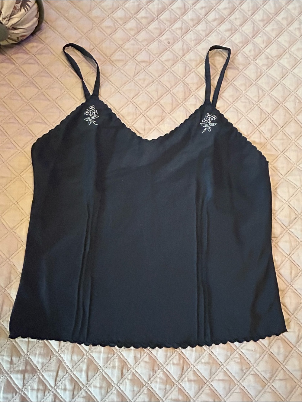 Elegant Vintage Black Satin Camisole with Delicate Neckline Embroidery